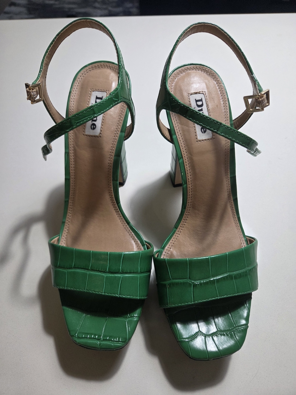 Dune London Green Croc-Embossed Block Heel Sandals